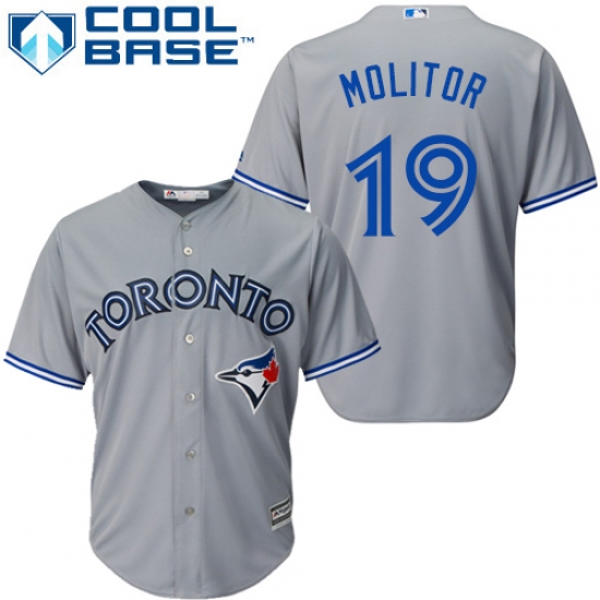 Men's Majestic Toronto Blue Jays #19 Paul Molitor Replica Grey Road MLB Jersey - Ujersey