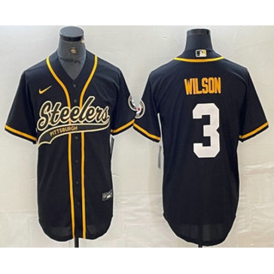 Men's Pittsburgh Steelers #3 Russell Wilson Black With Cool Base Stitched Baseball Jersey - Ujersey