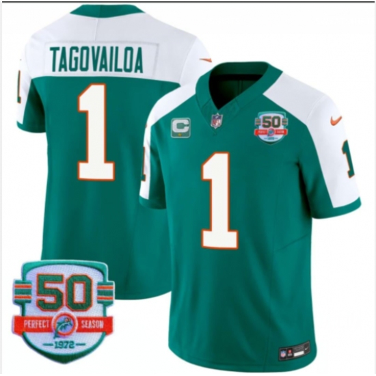 Men's Nike Miami Dolphins #1 Tua Tagovailoa White Green C 50ts  Jersey - Ujersey