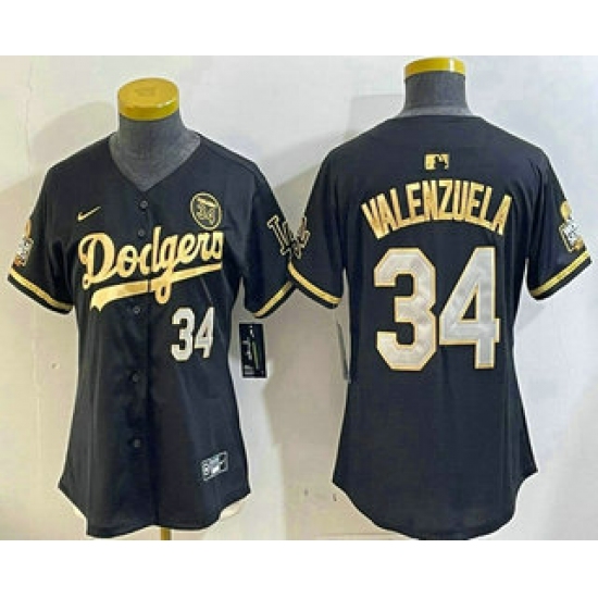 Women's Los Angeles Dodgers #34 Fernando Valenzuela Black Gold 2024 World Series 34 Stitched Cool Base Jersey - Ujersey