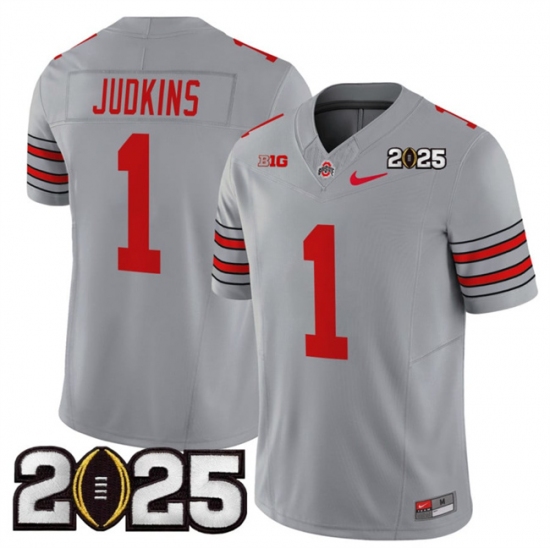 Men's Ohio State Buckeyes #1 Quinshon Judkins Grey 2025 CFP Final Patch F.U.S.E. Vapor Limited Stitched Football Jersey - Ujersey