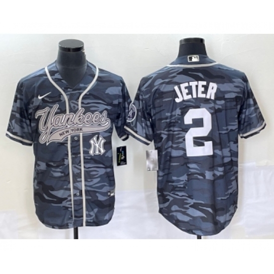 Men's New York Yankees #2 Derek Jeter Grey Camo Cool Base Stitched Baseball Jersey1 - Ujersey
