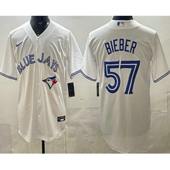 Men's Toronto Blue Jays #57 Shane Bieber White Cool Base Jersey - Ujersey