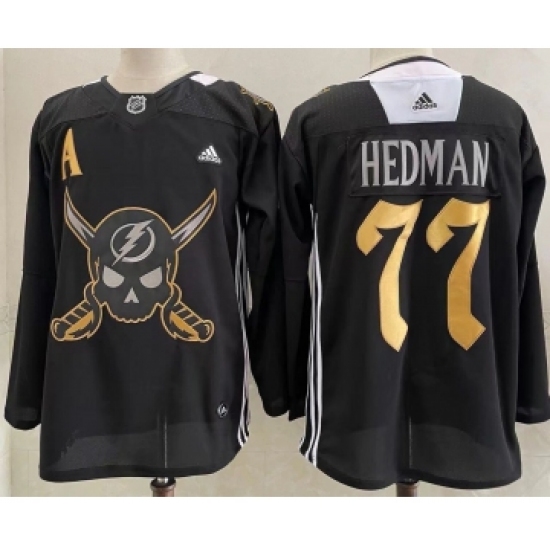 Men's Tampa Bay Lightning #77 Victor Hedman Black Pirate Themed Warmup Authentic Jersey - Ujersey