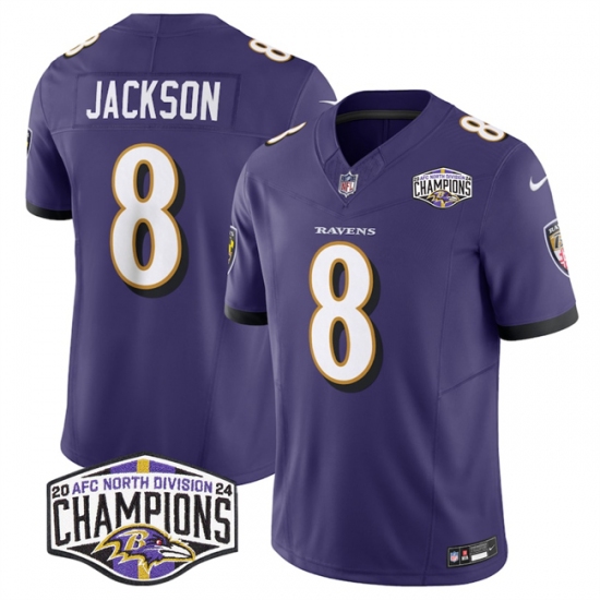 Men's Baltimore Ravens #8 Lamar Jackson Purple F.U.S.E 2024 AFC North Division Champions Vapor Limited Football Jersey - Ujersey