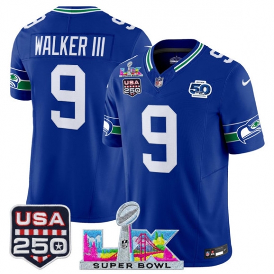Men's Seattle Seahawks #9 Kenneth Walker III Royal 2025 F.U.S.E. Super Bowl LX And 50th Season & USA 250 Vapor Throwback Limited Football Stitched Jersey - Ujersey