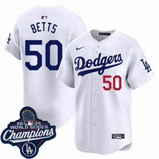 Men's Los Angeles Dodgers 50 Mookie Betts Cool Base 2025 World Champions Stitched Baseball Jersey White - Ujersey