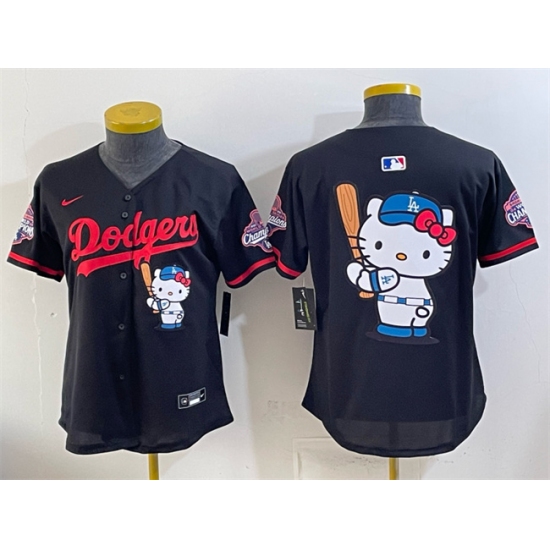 Women's Los Angeles Dodgers Team Big Logo Black Hello Kitty Night 2025 World Series Champions Stitched Baseball Jersey(Run Small) - Ujersey