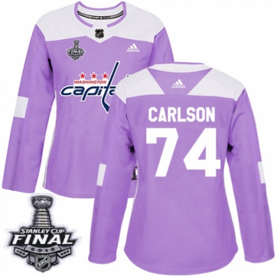 Women's Adidas Washington Capitals #74 John Carlson Authentic Purple Fights Cancer Practice 2018 Stanley Cup Final NHL Jersey - Ujersey