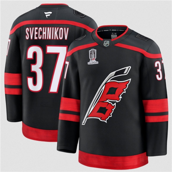 Men's Carolina Hurricanes #37 Andrei Svechnikov Black 2026 Stanley Cup Champions Home Stitched Jersey