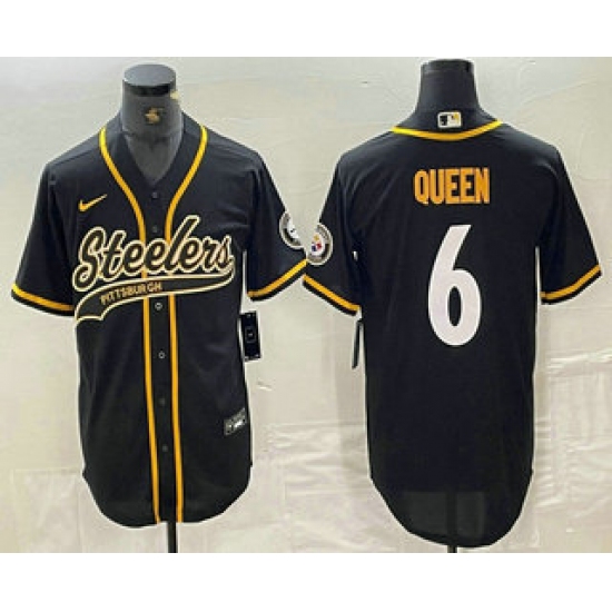 Men's Pittsburgh Steelers #6 Patrick Queen Black With Cool Base Stitched Baseball Jersey - Ujersey