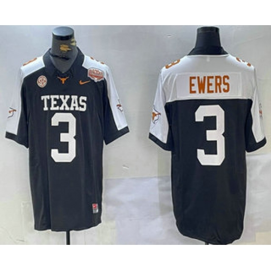 Men's Texas Longhorns #3 Quinn Ewers Black White 100TH FUSE College Stitched Jersey - Ujersey