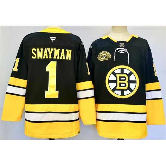 Men's Boston Bruins #1 Jeremy Swayman Black 100th Anniversary Stitched Hockey Jersey - Ujersey
