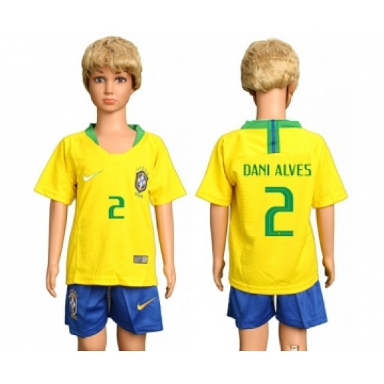 Brazil #2 Dani Alves Home Kid Soccer Country Jersey