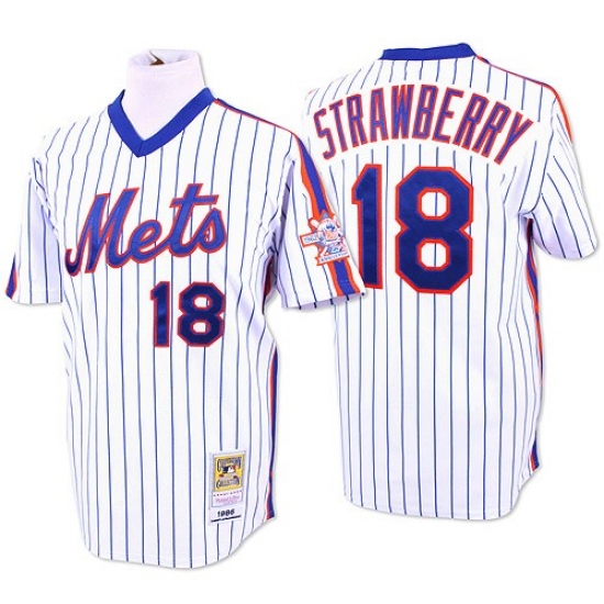 Men's Mitchell and Ness New York Mets #18 Darryl Strawberry Authentic White/Blue Strip Throwback MLB Jersey - Ujersey
