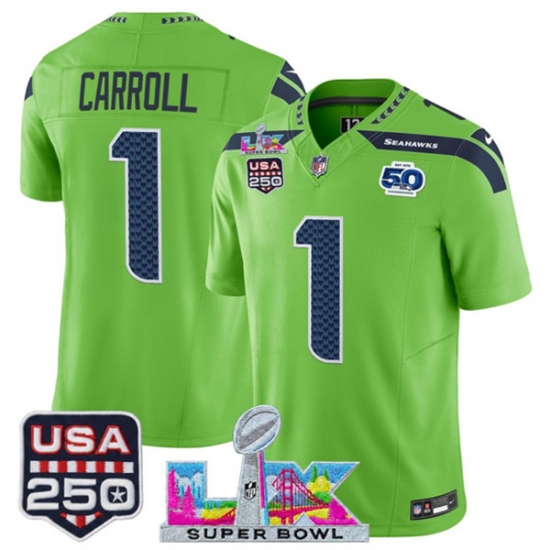 Men's Seattle Seahawks #1 Pete Carroll Green 2025 F.U.S.E. Super Bowl LX And 50th Season & USA 250 Vapor Limited Football Stitched Jersey - Ujersey