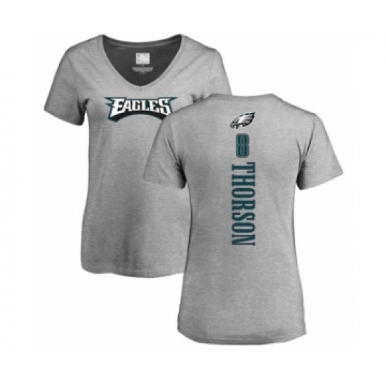 Women's Philadelphia Eagles #8 Clayton Thorson Ash Backer V-Neck T-Shirt - Ujersey