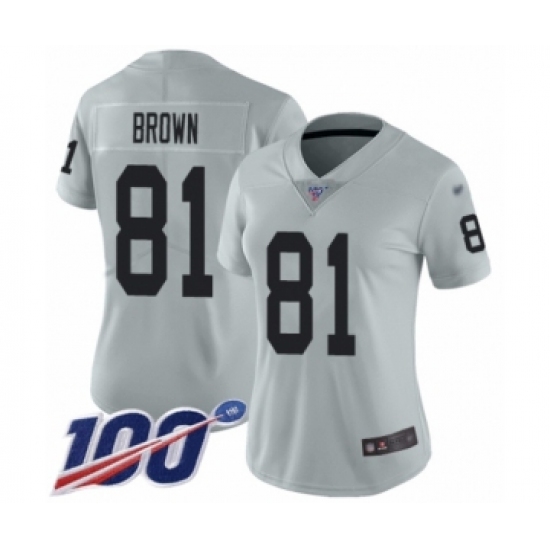 Women's Oakland Raiders #81 Tim Brown Limited Silver Inverted Legend 100th Season Football Jersey