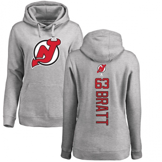 NHL Women's Adidas New Jersey Devils #63 Jesper Bratt Ash Backer Pullover Hoodie - ujerseystore