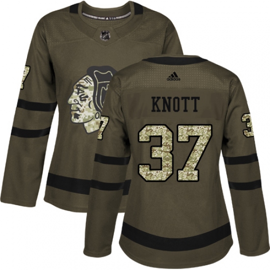 Women's Adidas Chicago Blackhawks #37 Graham Knott Authentic Green Salute to Service NHL Jersey - Ujersey