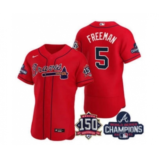 Men's Atlanta Braves #5 Freddie Freeman 2021 Red World Series Champions With 150th Anniversary Flex Base Stitched Jersey - Ujersey