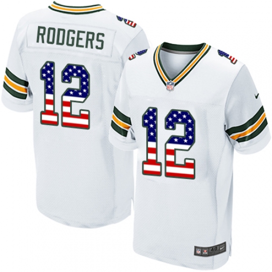 Men's Nike Green Bay Packers #12 Aaron Rodgers Elite White Road USA Flag Fashion NFL Jersey - ujerseystore