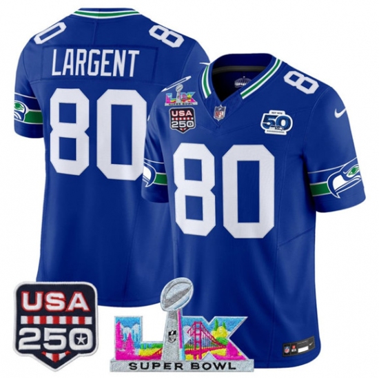 Men's Seattle Seahawks #80 Steve Largent Royal 2025 F.U.S.E. Super Bowl LX And 50th Season & USA 250 Vapor Throwback Limited Football Stitched Jersey - Ujersey