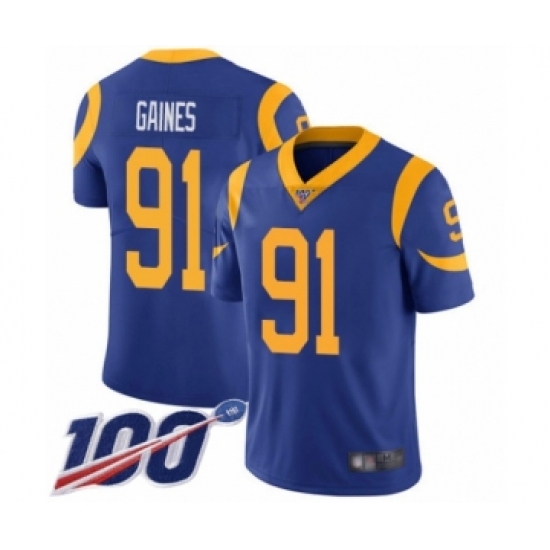 Men's Los Angeles Rams #91 Greg Gaines Royal Blue Alternate Vapor Untouchable Limited Player 100th Season Football Jersey - Ujersey