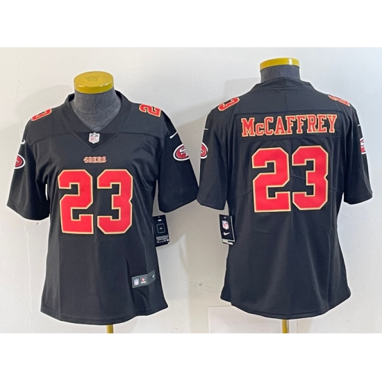 Women's San Francisco 49ers #23 Christian McCaffrey Black Red Fashion Vapor Limited Stitched Jersey - Ujersey