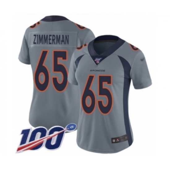 Women's Denver Broncos #65 Gary Zimmerman Limited Silver Inverted Legend 100th Season Football Jersey - Ujersey