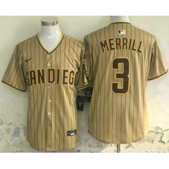 Men's San Diego Padres #3 Jackson Merrill Khaki Pinstripe Limited Stitched Jersey - ujerseystore