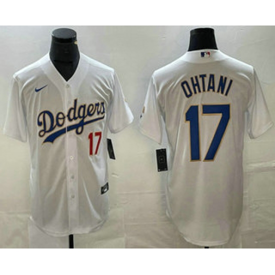 Men's Los Angeles Dodgers #17 Shohei Ohtani Number White Gold Championship Stitched Cool Base Nike Jersey - Ujersey