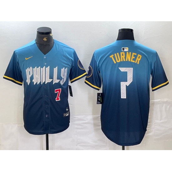 Men's Philadelphia Phillies #7 Trea Turner Number Blue 2024 City Connect Limited Stitched Jerseys - Ujersey