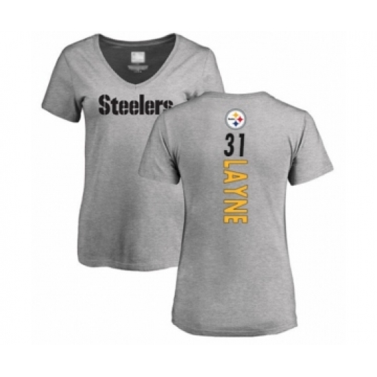 Women's Pittsburgh Steelers #31 Justin Layne Ash Backer V-Neck T-Shirt - Ujersey
