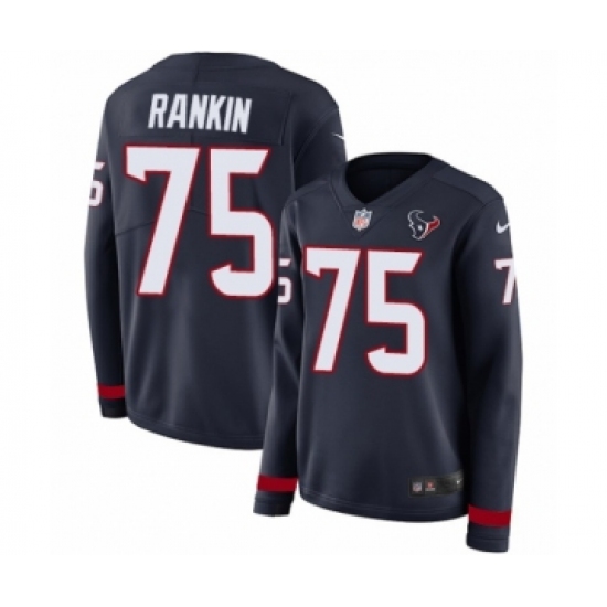 Women's Nike Houston Texans #75 Martinas Rankin Limited Navy Blue Therma Long Sleeve NFL Jersey - Ujersey