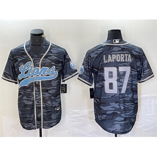Men's Detroit Lions #87 Sam LaPorta Gray Camo Cool Base Stitched Baseball Jersey - Ujersey