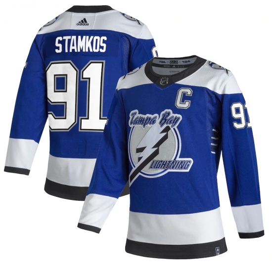 Men's Tampa Bay Lightning #91 Steven Stamkos adidas Blue 2020-21 Reverse Retro Authentic Player Jersey - Ujersey