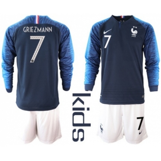 France #7 Griezmann Home Long Sleeves Kid Soccer Country Jersey