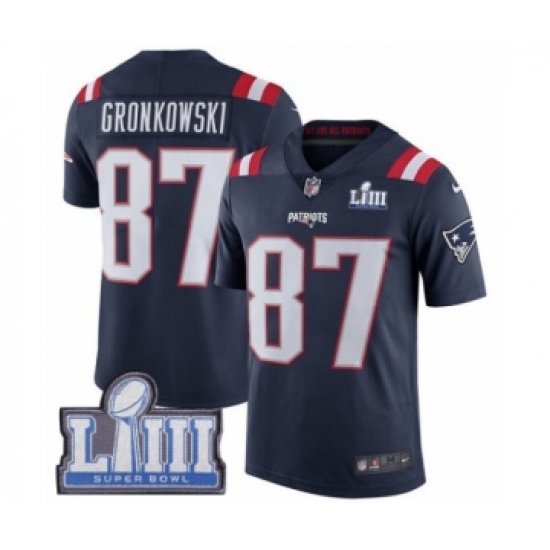 Men's Nike New England Patriots #87 Rob Gronkowski Limited Navy Blue Rush Vapor Untouchable Super Bowl LIII Bound NFL Jersey - Ujersey