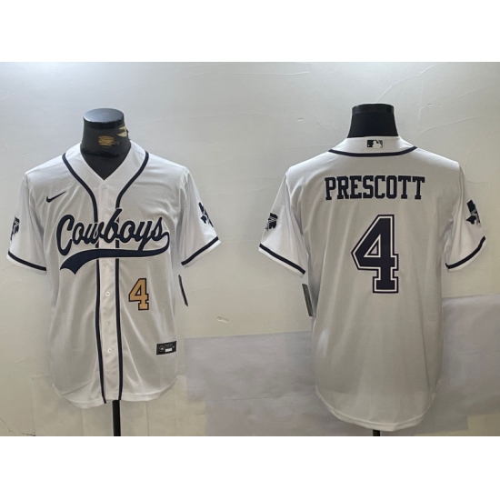 Men's Dallas Cowboys #4 Dak Prescott White With Navy Name Cool Base Stitched Baseball Jerseys - Ujersey