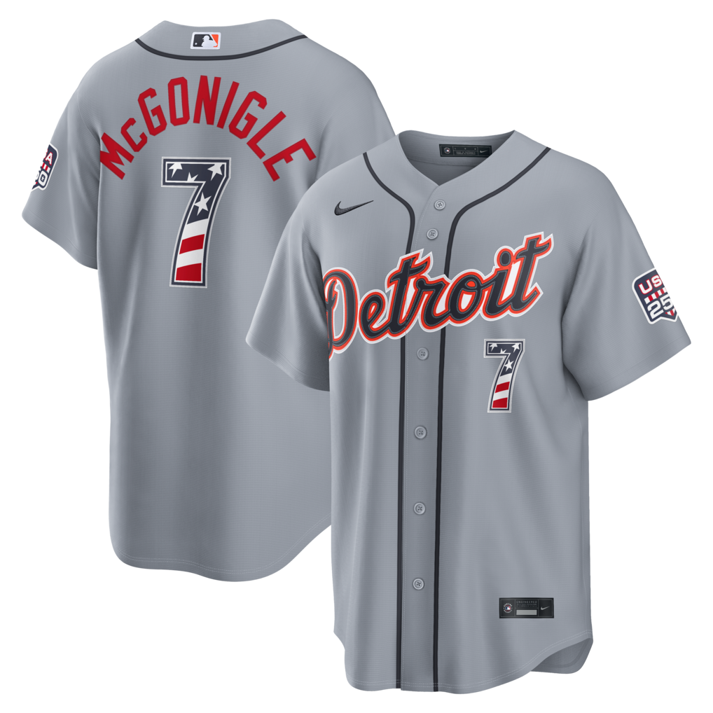 Men's Detroit Tigers Kevin McGonigle Nike Gray USA 250 Fourth of July Road Stadium Jersey - Ujersey