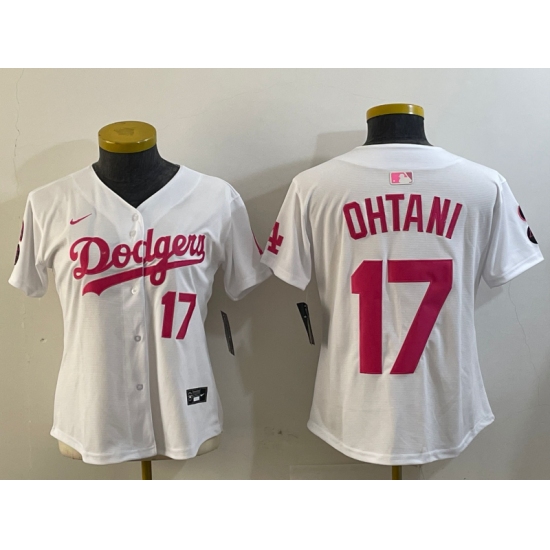 Women's Los Angeles Dodgers #17 Shohei Ohtani Number White Pink Limited Cool Base Stitched Jersey - Ujersey