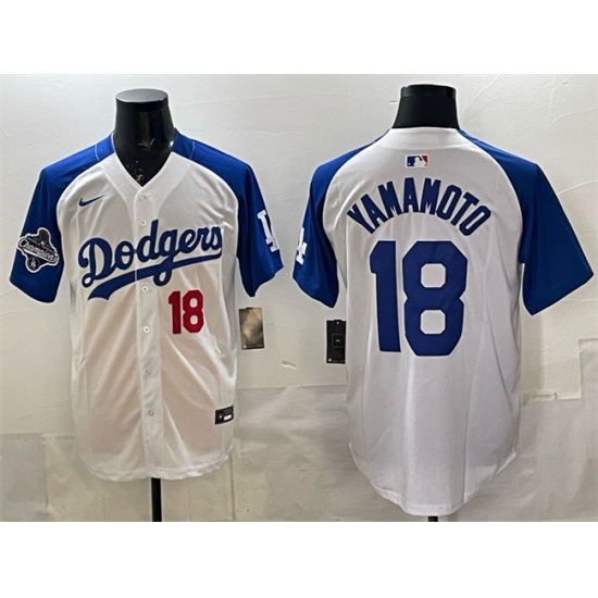 Men's Los Angeles Dodgers #18 Yoshinobu Yamamoto White Royal 2025 World Series Champions Limited Stitched Baseball Jersey - Ujersey