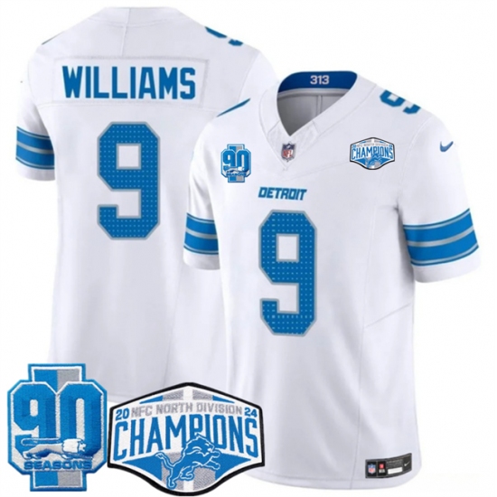 Men's Detroit Lions #9 Jameson Williams White 2024 NFC North Champions 90th Anniversary F.U.S.E. Vapor Limited Stitched Jersey