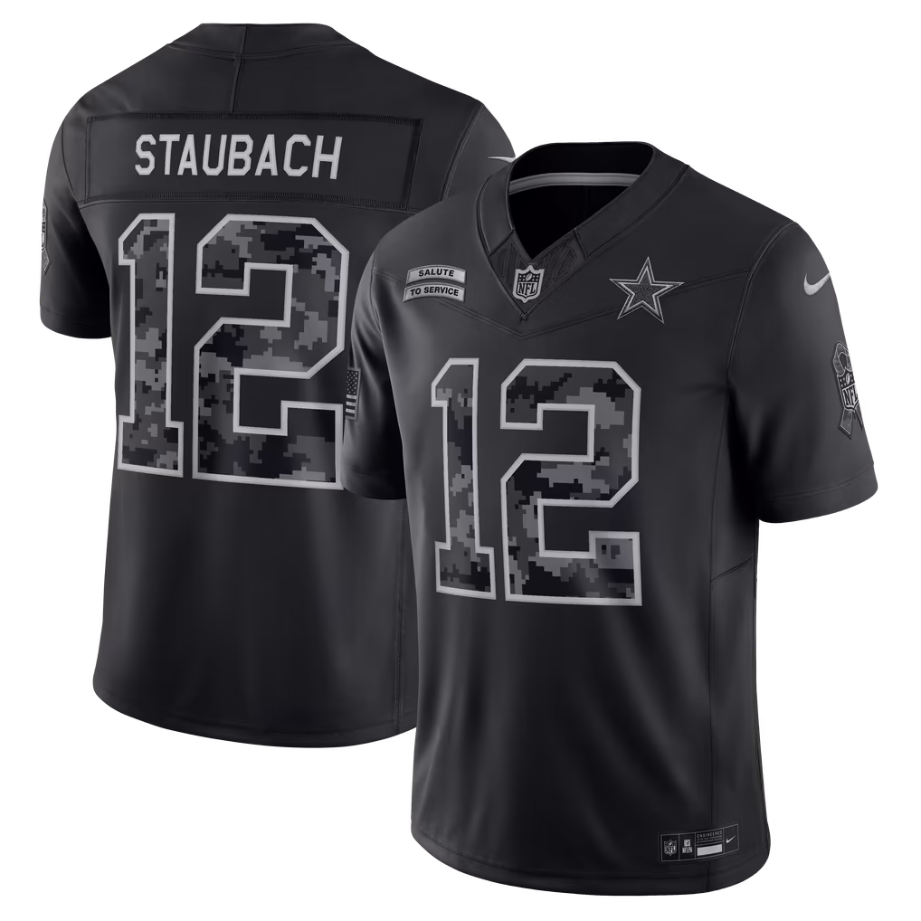 Men's Dallas Cowboys Roger Staubach Nike Black 2026 Salute to Service Retired Player Stitched Limited Jersey - Ujersey