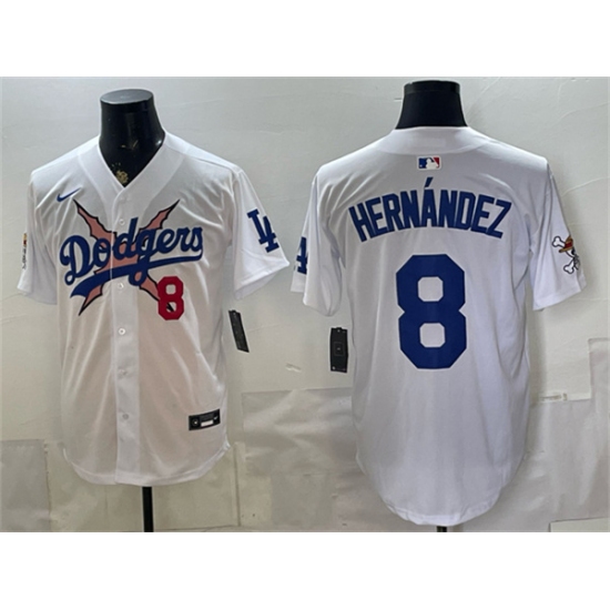 Men's Los Angeles Dodgers x One Piece #8 Enrique Hernández White Vapor Premier Limited Stitched Baseball Jersey