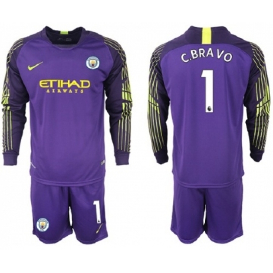 Manchester City #1 C.Bravo Purple Goalkeeper Long Sleeves Soccer Club Jersey