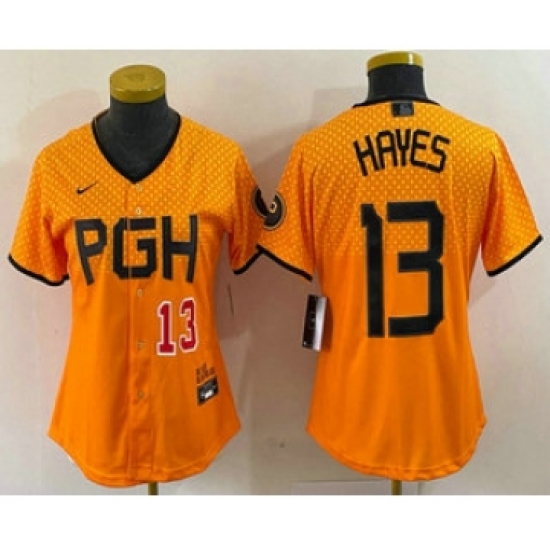 Women's Pittsburgh Pirates #13 KeBryan Hayes Number Yellow 2023 City Connect Stitched Jersey2 - Ujersey