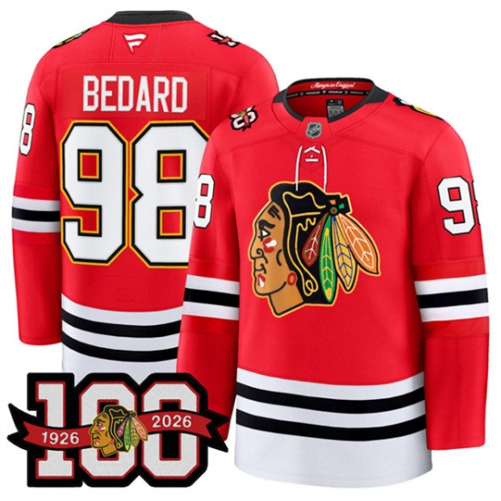 Men's Chicago Blackhawks #98 Connor Bedard Red 2025 Home 100th Anniversary Stitched Hockey Jersey - Ujersey