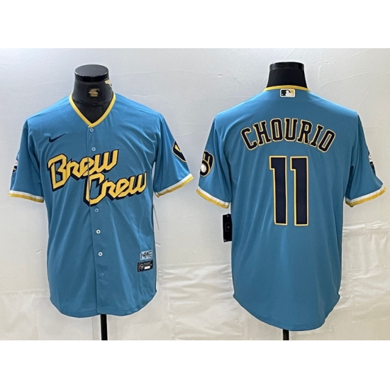 Men's Milwaukee Brewers #11 Jackson Chourio Blue 2022 City Connect Cool Base Stitched Jersey